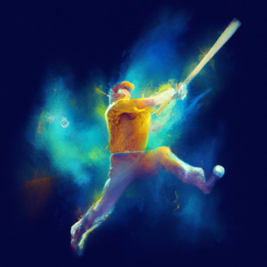 Beyzbol oyuncusu, sarı, turuncu ve mavi bir nebula patlaması olarak tasvir edilen topa sopayla vuruyor.