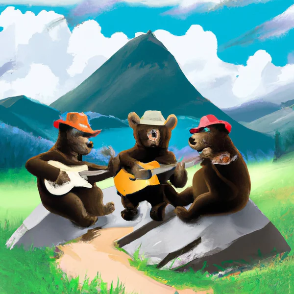 Group Bears Playing Guitar Mountains Spring Season — Stock Photo, Image