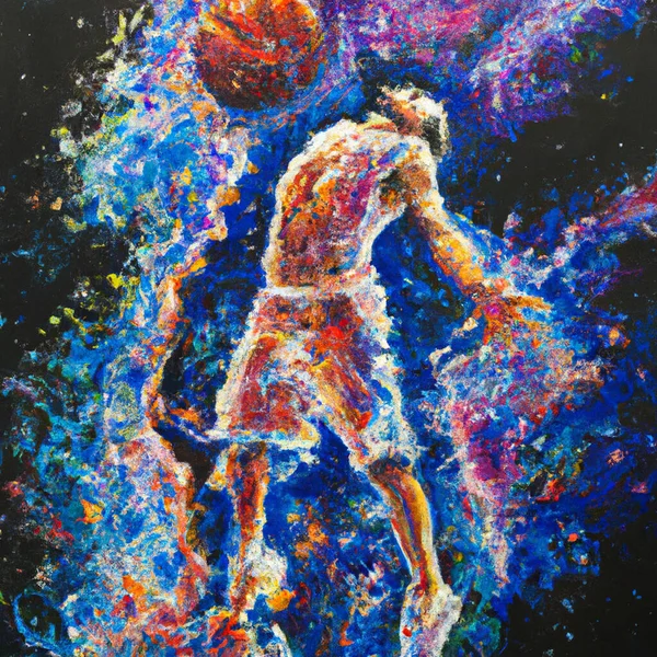 Drawing Painting Basketball Player Dunking Explosion Nebula — Stock Photo, Image