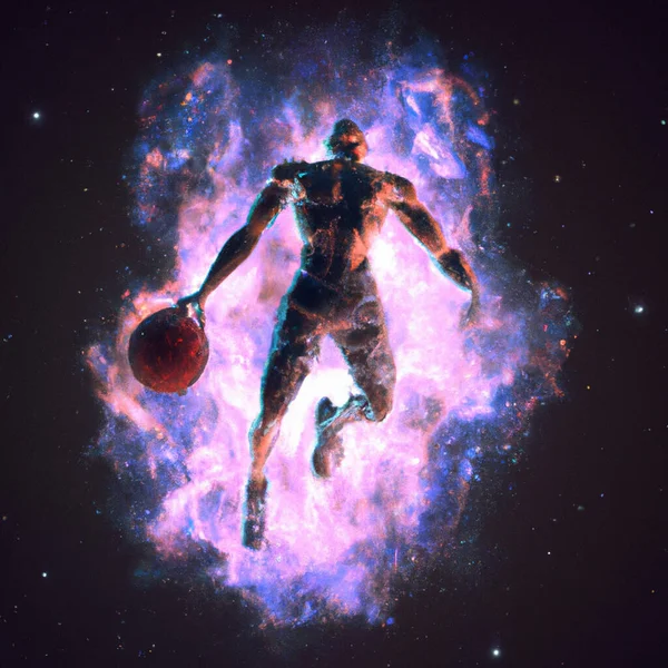 画的是一个篮球运动员像星云爆炸一样俯冲而下的图画 — 图库照片