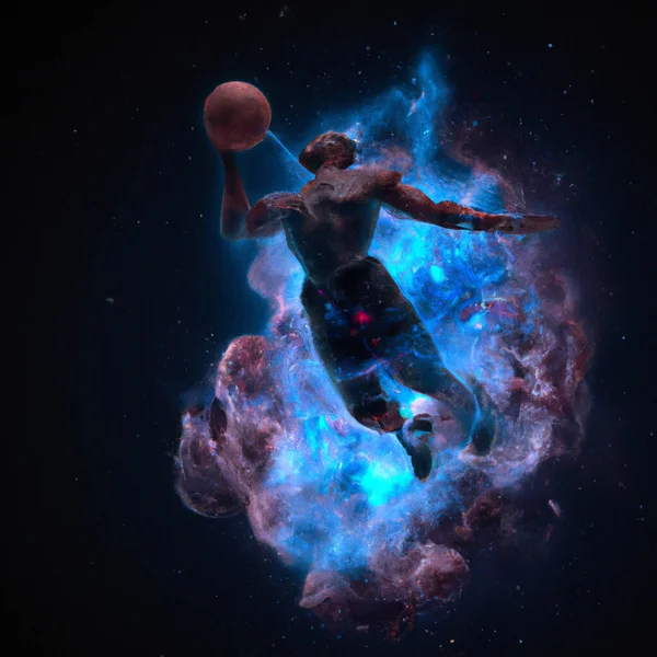 Drawing Painting Basketball Player Dunking Explosion Nebula — Stock Photo, Image