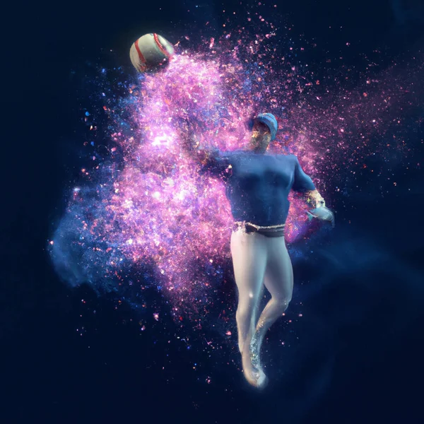 黄色とオレンジと青の星雲の爆発物として描かれた野球選手が — ストック写真