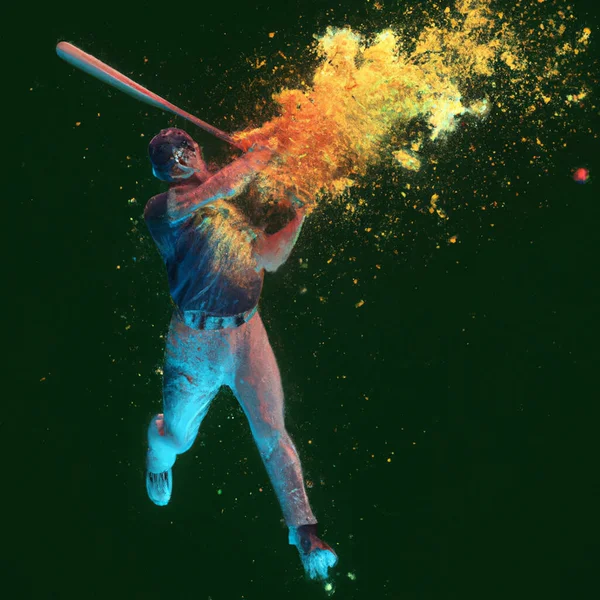 黄色とオレンジと青の星雲の爆発物として描かれた野球選手が — ストック写真