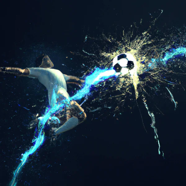 Jogador Futebol Golpeando Bola Retratado Como Uma Explosão Ultra Poder — Fotografia de Stock