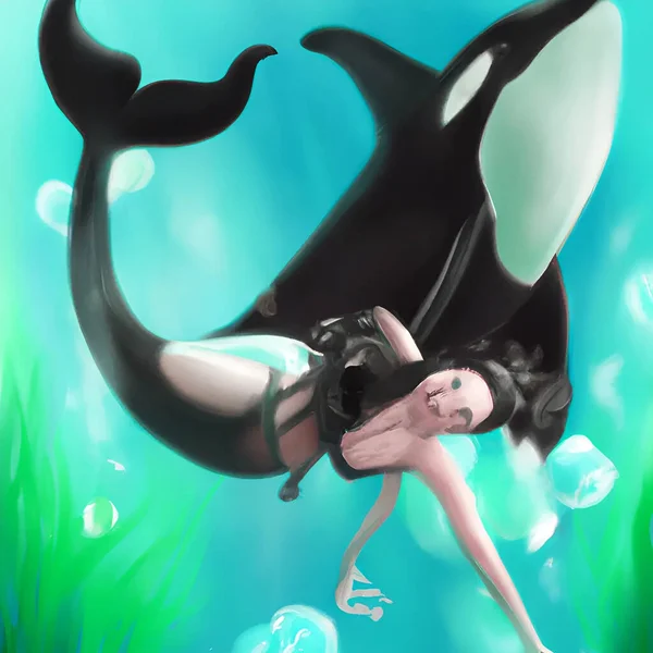Mořská Panna Plavání Kosatka Vrah Velryba Pod Vodou Ilustrace — Stock fotografie