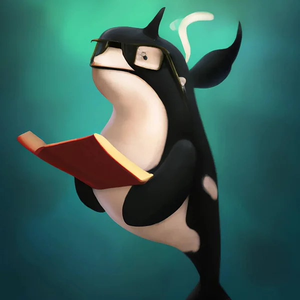 Orca Jako Bibliotekarz Zabójca Wieloryb Czyta Ilustrację Książki — Zdjęcie stockowe
