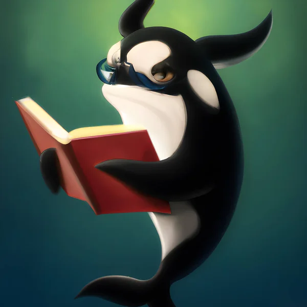 Orca Jako Bibliotekarz Zabójca Wieloryb Czyta Ilustrację Książki — Zdjęcie stockowe