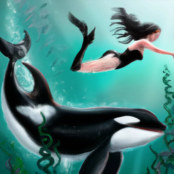 Syrena Pływanie Orca Zabójca Wieloryb Podwodna Ilustracja — Zdjęcie stockowe