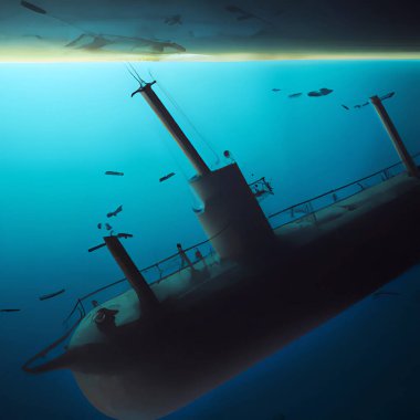 Submarine ship approaching underwater damaged pipeline leaking in the deep dark ocean like the nord stream illustration clipart