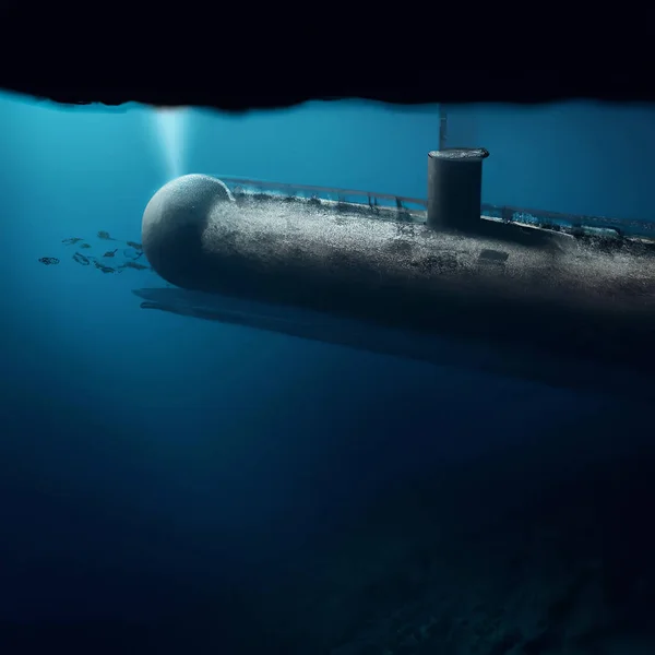 Submarine ship approaching underwater damaged pipeline leaking in the deep dark ocean like the nord stream illustration