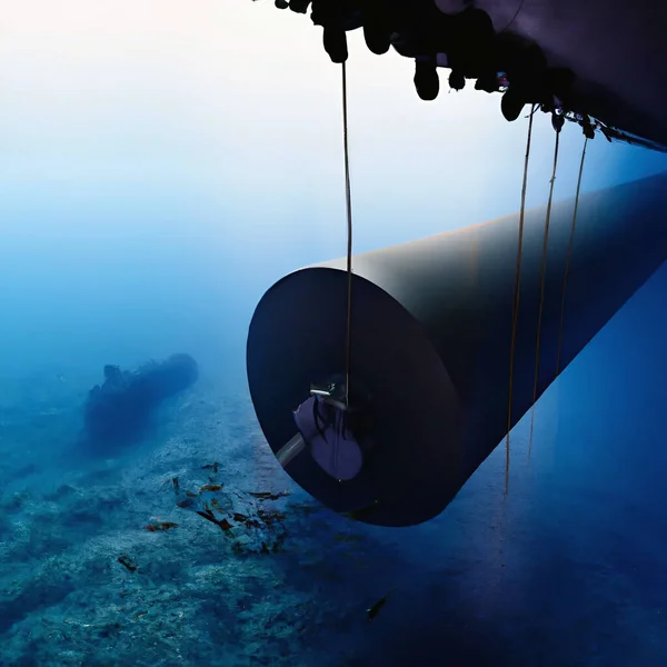 Submarine Ship Approaching Underwater Damaged Pipeline Leaking Deep Dark Ocean — Stock Photo, Image