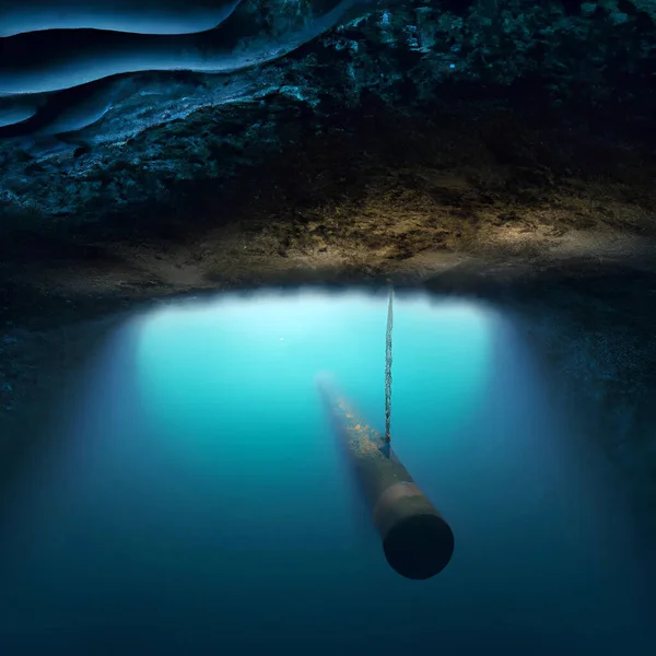 Submarine Ship Approaching Underwater Damaged Pipeline Leaking Deep Dark Ocean — Stock Photo, Image