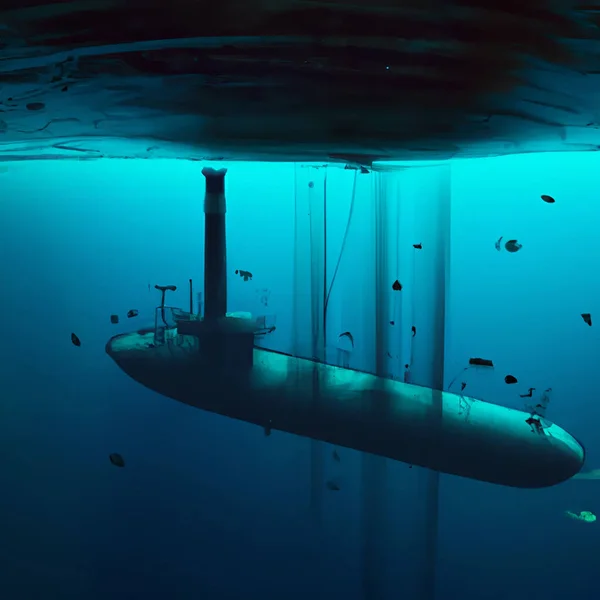 Submarine Ship Approaching Underwater Damaged Pipeline Leaking Deep Dark Ocean — Stock Photo, Image