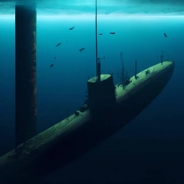 Nave Submarina Acercándose Tubería Dañada Bajo Agua Que Gotea Océano —  Fotos de Stock