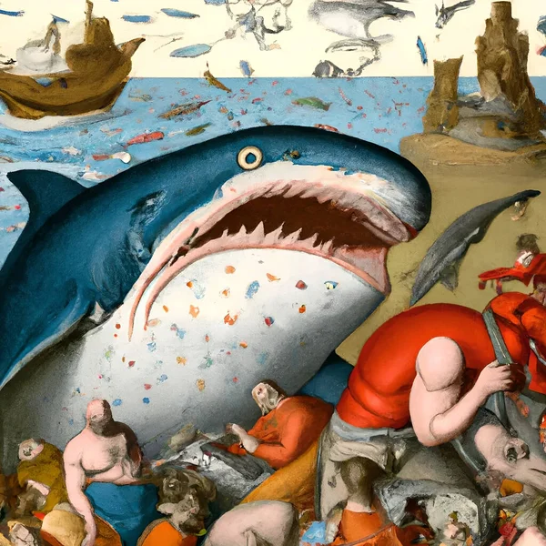 Tubarão Gigante Comendo Baleias Peixes Golfinhos Muitos Outros Animais Marinhos — Fotografia de Stock