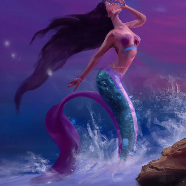 Hermosa Sirena Sirena Saltando Fuera Del Agua Ilustración Ilustración —  Fotos de Stock
