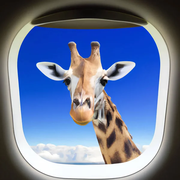 Girafa Olhando Para Você Fora Janela Avião Voando Ilustração Céu — Fotografia de Stock