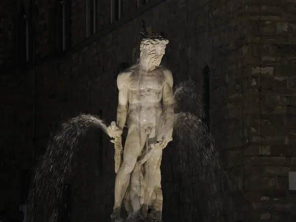 Florence Neptune Statue Della Signoria Place Detail Night View — стоковое фото