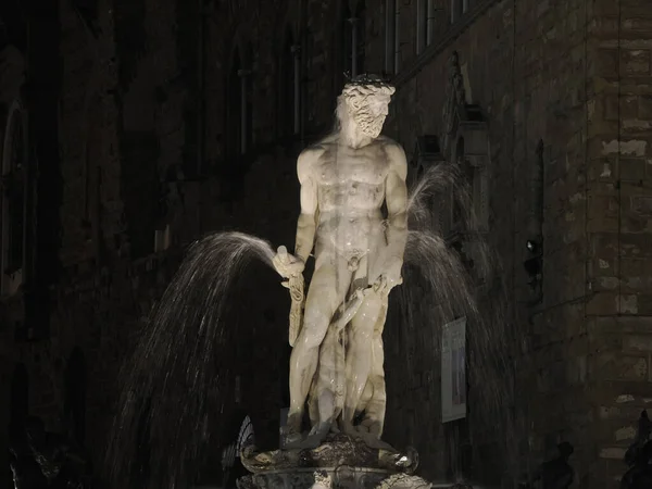 Florence Neptune Socha Della Signoria Místo Detail Noční Pohled — Stock fotografie