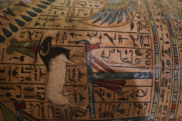 Egyptian Wooden Sarcophagus Hieroglyphs Detail Close — Stock Photo, Image