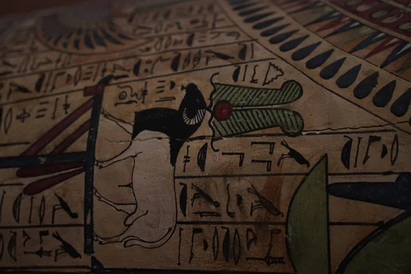 Egipskie Drewniane Hieroglify Sarkofagów Szczegóły Zbliżenie — Zdjęcie stockowe