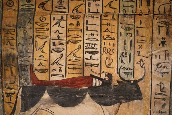 Egyptian Sarcófago Madeira Hieróglifos Detalhe Close — Fotografia de Stock