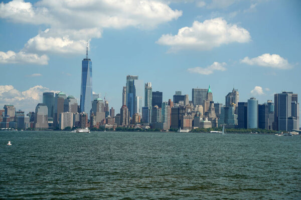 New york city manhattan view cityscape from hudson river liberty island