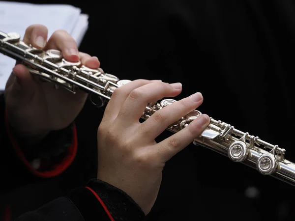 Handen Spelen Fluit Detail Close — Stockfoto