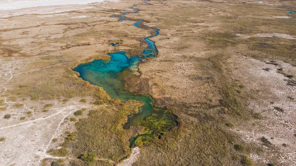 迷人的风景 在沙漠中央有一个湖泊和一条河流 在蓝色和青绿色的水中有阴影 山脉和广阔的沙漠是引人注目的 Poza Azul Cuatrocinegas — 图库照片