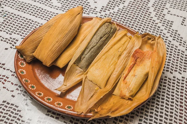 Sweet Pineapple Tamales Blue Red Chili Tamales Typical Mexican Food — Stock Fotó