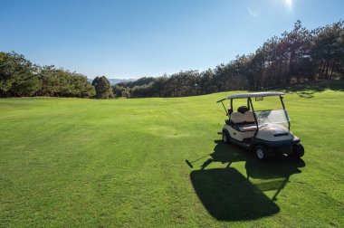 Sahilde golf sahası, yeşil çim tepeleri ve ağaçlar görüntüyü oluşturur.
