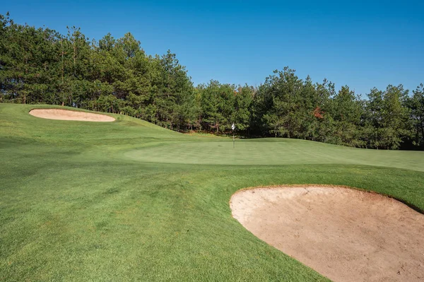 Golf course landscape with short green grass, some hills, hole flags and trees.