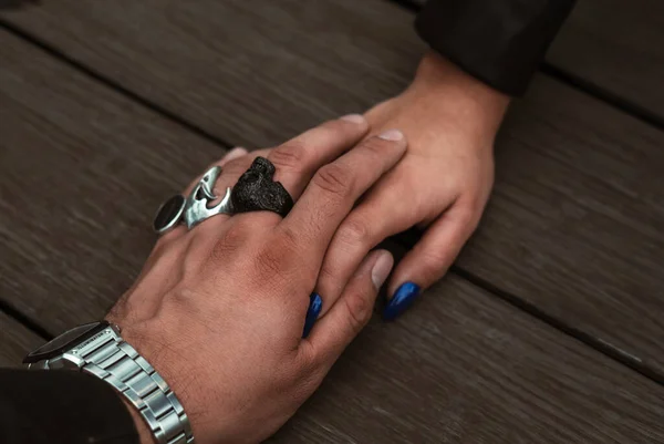 Wedding Couple Hold Hands His Hand Covers Hers Colorful Rings — Fotografia de Stock