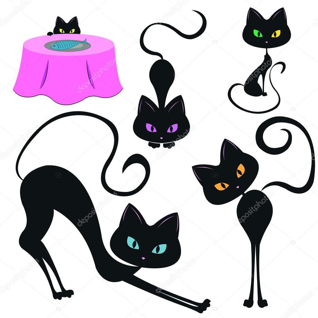 Set of funny black cats