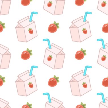 Şirin çilekli süt kutusu kusursuz vektör deseni
