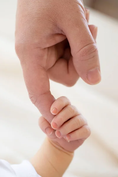 Mãe Bebé Recém Nascido Mãozinha Uma Criança Agarrou Suavemente Dedo — Fotografia de Stock