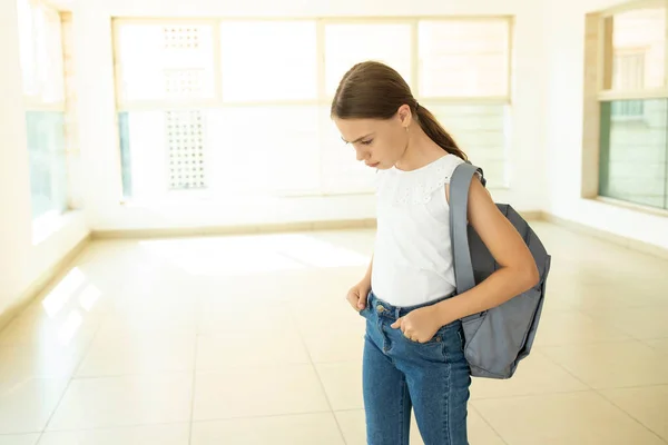 Upset Schoolgirl Backpack Standing School Girl Years Old Caucasian Kid — ストック写真