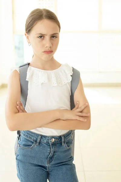 Upset Schoolgirl Backpack Stands School Year Old Girl Caucasian Stressed — 스톡 사진