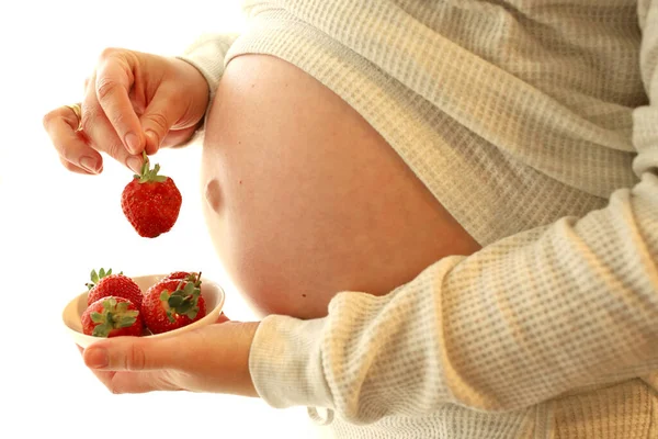 Pregnant Woman Holds Beautiful Strawberry Her Tummy Concept Pregnant Diet — Stok fotoğraf