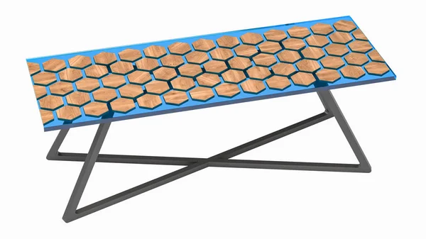 Ahşap altıgen tahtalarla mavi epoksi reçineden yapılmış bir masa. 3B görüntüleme
