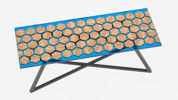 Ahşap altıgen tahtalarla mavi epoksi reçineden yapılmış bir masa. 3B görüntüleme