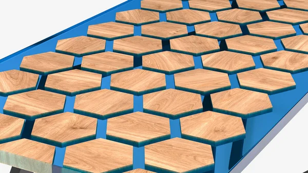 Mesa Resina Epoxi Azul Con Tablones Hexagonales Madera Renderizado —  Fotos de Stock