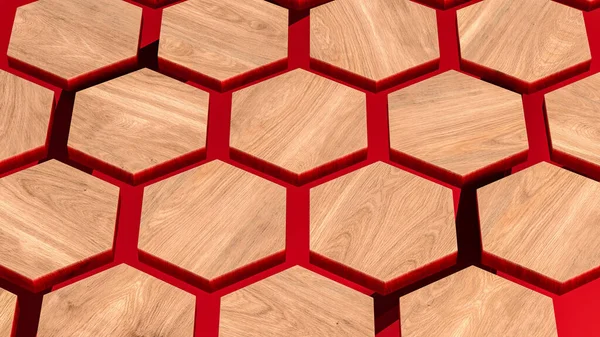 Mesa Fabricada Resina Epoxi Roja Con Tablones Hexagonales Madera Renderizado —  Fotos de Stock