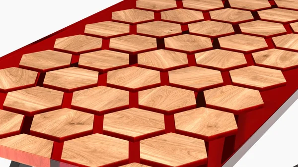 Mesa Fabricada Resina Epoxi Roja Con Tablones Hexagonales Madera Renderizado —  Fotos de Stock