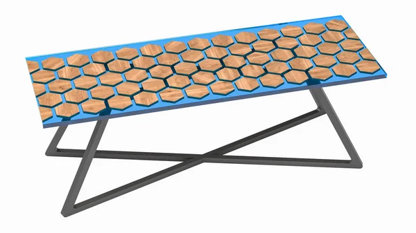 Τραπέζι Από Μπλε Εποξειδική Ρητίνη Ξύλινες Εξαγωνικές Σανίδες Απόδοση Φωτογραφία Αρχείου