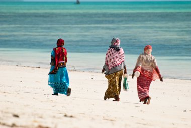 Three women walking on the beach clipart