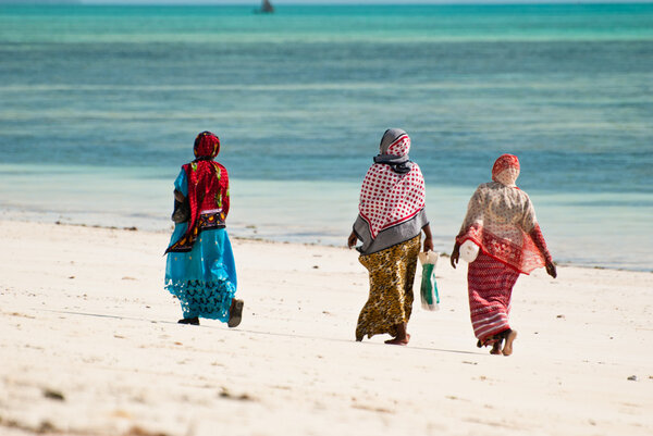 Three women walking on the beach