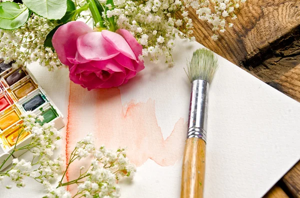Watercolor paint and brush — Stock Photo, Image