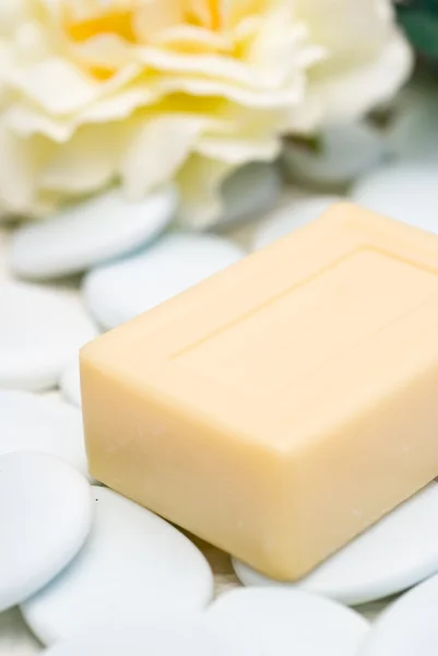 Natura morta con barrette di sapone e detergenti liquidi — Foto Stock