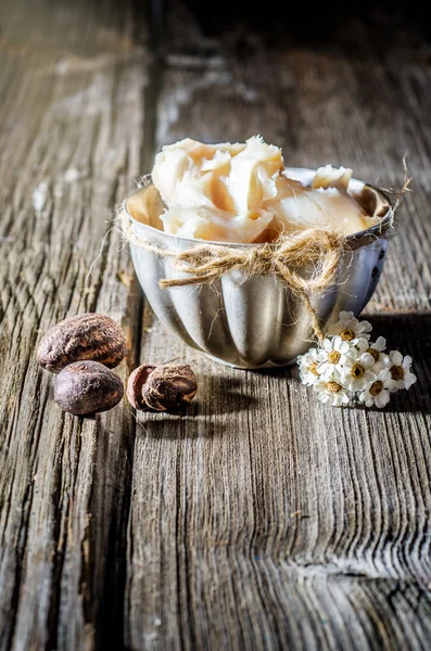 Shea butter and nuts — Stock Photo, Image